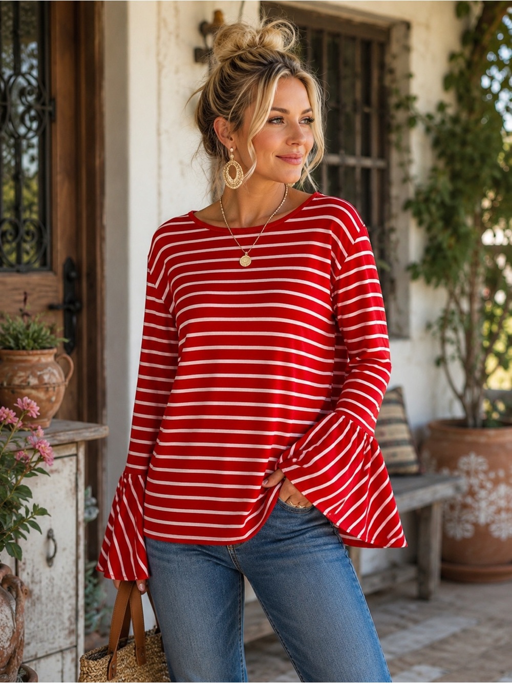 Andthewhy Red & White Stripe Bell Sleeve Knit Top Size M Boho Boutique
